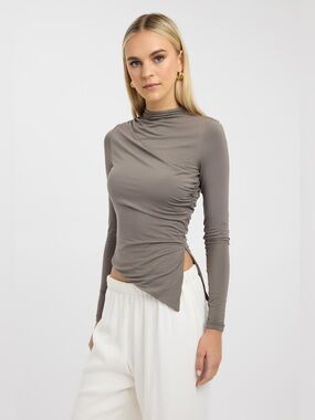 Kookai Valentina Ruched High-Neck Long-Sleeve Top in Desert Taupe